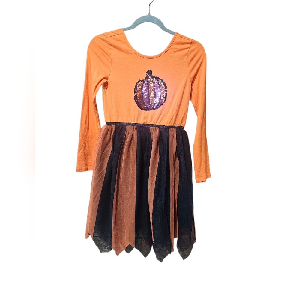 Cat & Jack Halloween Pumpkin Sequin Dress Orange Black Tulle Girls‎ L 10-12